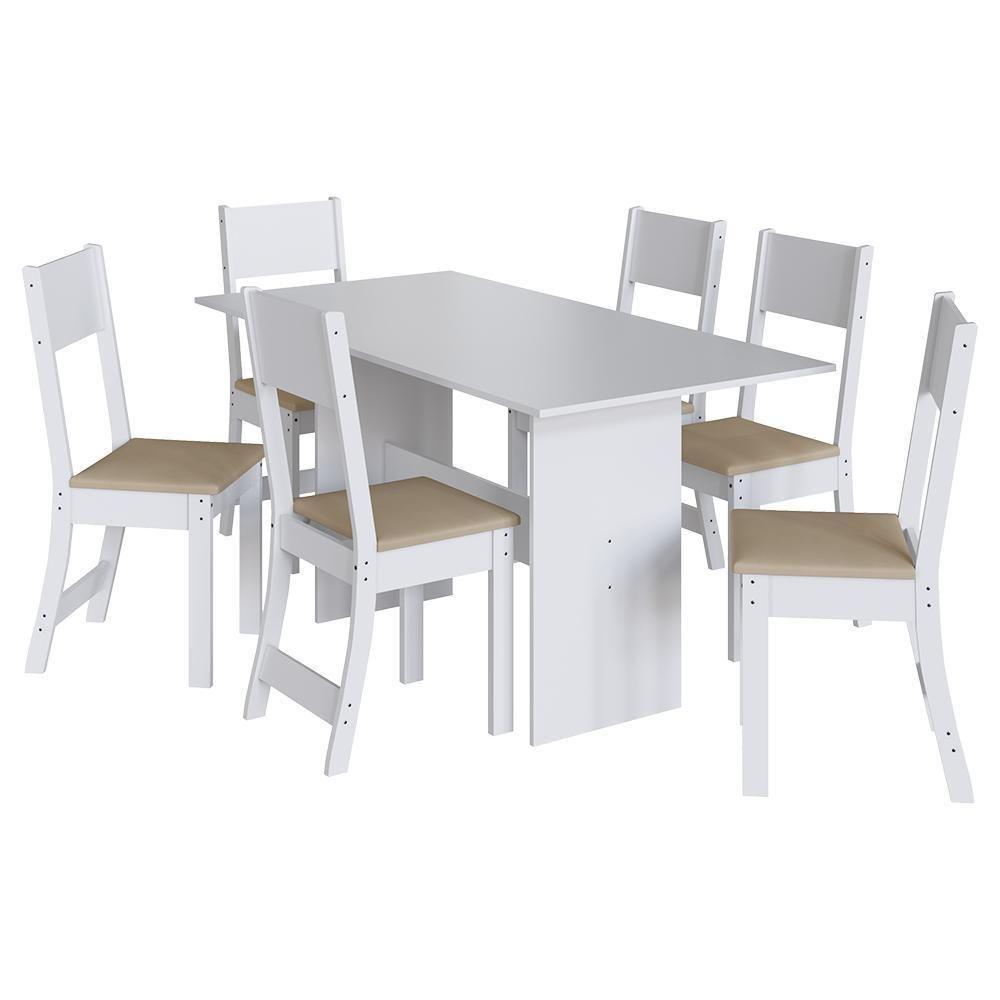 Mesa De Jantar Karla 150x76 Com Tampo Em Mdp E 6 Cadeiras Branco-bege - Indekés Branco-bege - 1