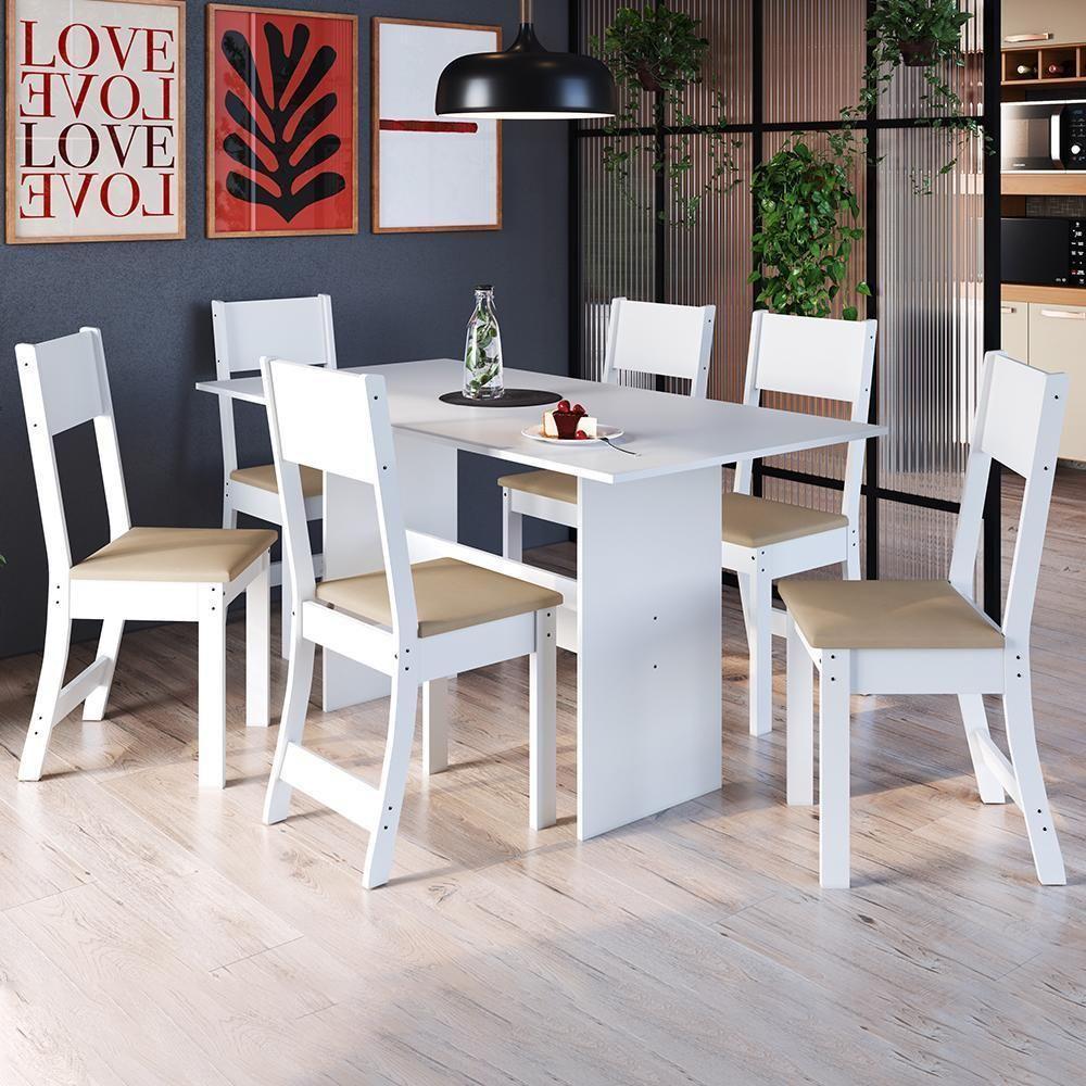Mesa De Jantar Karla 150x76 Com Tampo Em Mdp E 6 Cadeiras Branco-bege - Indekés Branco-bege - 2