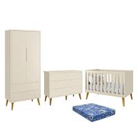 Dormitório Theo 2 Portas, Cômoda 6 Gavetas, Berço Areia Fosco Com Pés Amadeirado E Colchão - Reller Móveis Areia Fosco - 1