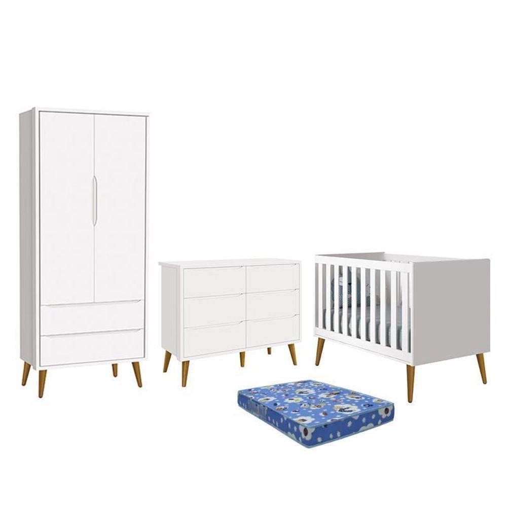 Dormitório Theo 2 Portas, Cômoda 6 Gavetas, Berço Branco Fosco Com Pés Amadeirado E Colchão - Reller Móveis Branco Fosco - 1