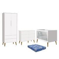 Dormitório Theo 2 Portas, Cômoda 6 Gavetas, Berço Branco Fosco Com Pés Amadeirado E Colchão - Reller Móveis Branco Fosco - 1