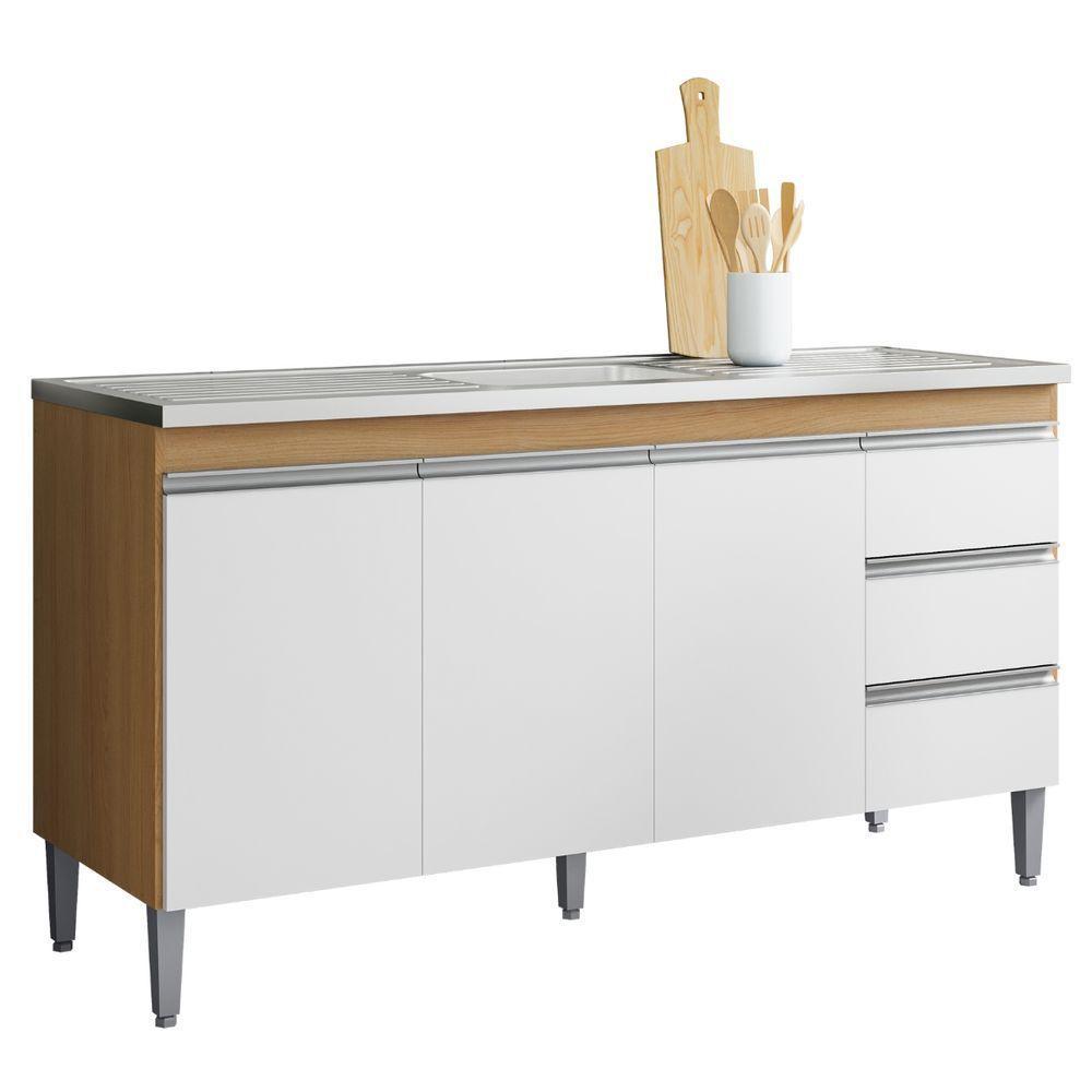 Balcão Para Pia Andréia 150 Cm 3 Portas Amendoa Branco Ajl - 1