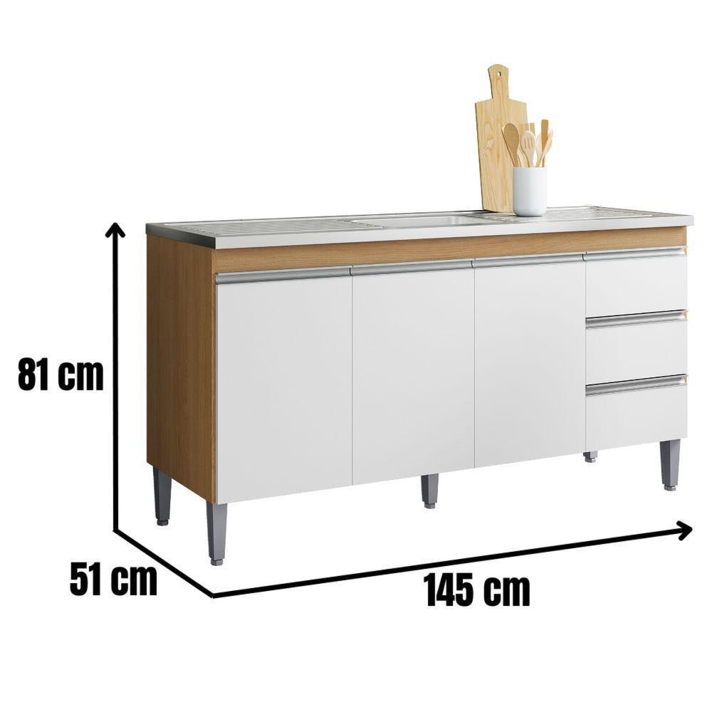 Balcão Para Pia Andréia 150 Cm 3 Portas Amendoa Branco Ajl - 2
