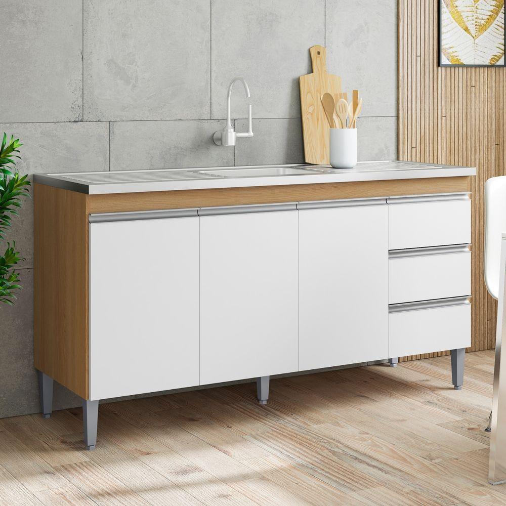 Balcão Para Pia Andréia 150 Cm 3 Portas Amendoa Branco Ajl - 5