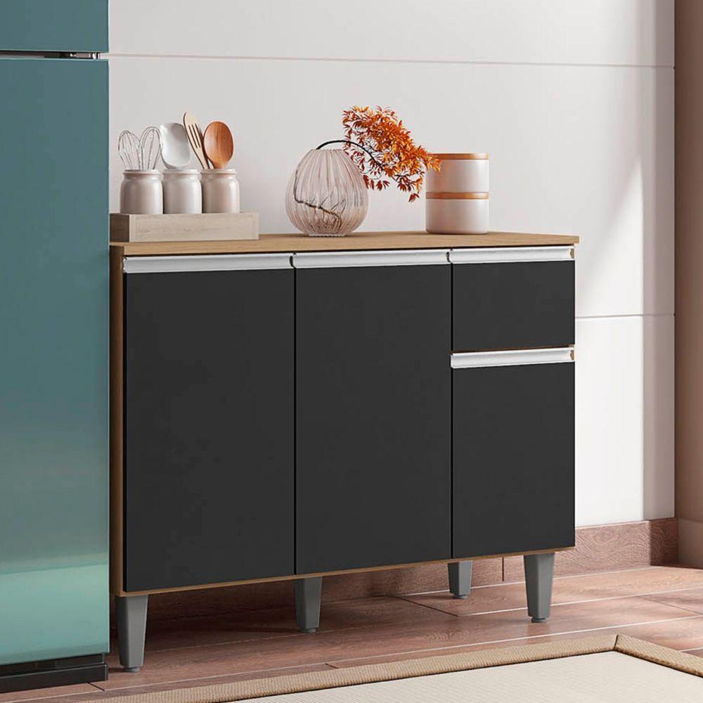 Balcão Com Tampo Vanessa 3 Portas 105 Cm Amendoa Preto Ajl - 3