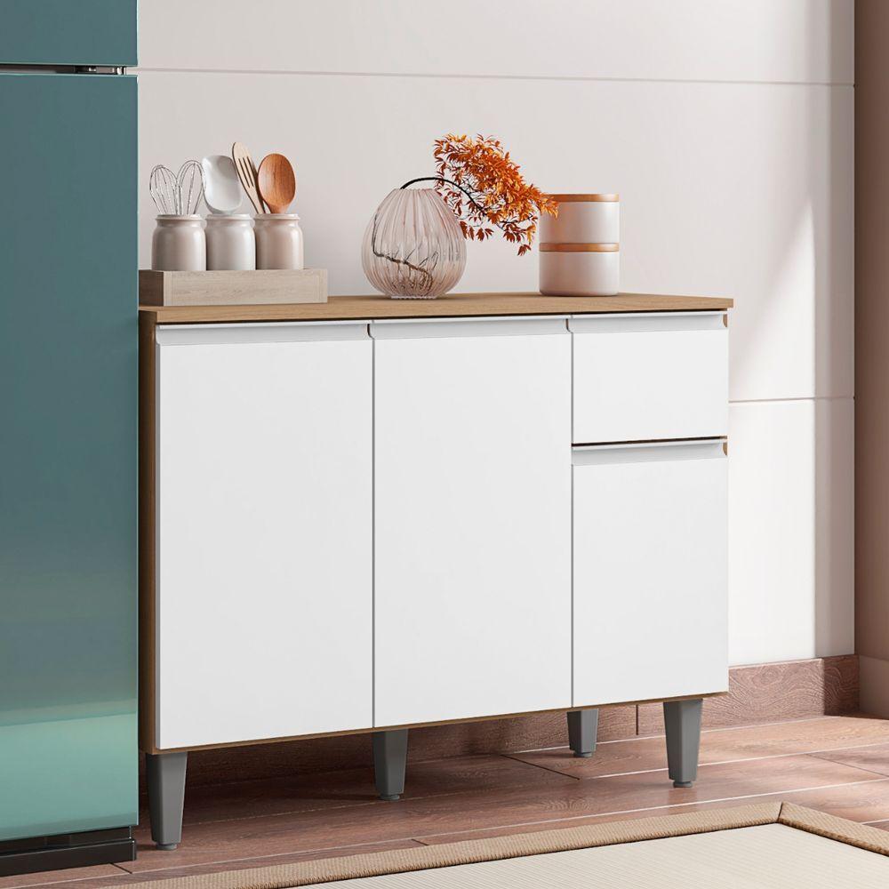 Balcão Com Tampo Vanessa 3 Portas 105 Cm Amendoa Branco Ajl - 3