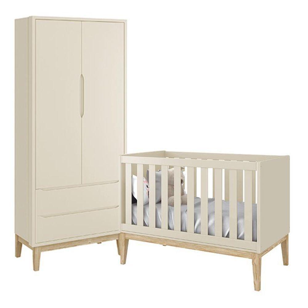 Jogo De Quarto Classic Guarda Roupa 2 Portas E Berço Areia Fosco Com Pés Madeira Natural - Reller Móveis Areia Fosco - 1
