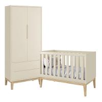 Jogo De Quarto Classic Guarda Roupa 2 Portas E Berço Areia Fosco Com Pés Madeira Natural - Reller Móveis Areia Fosco - 1