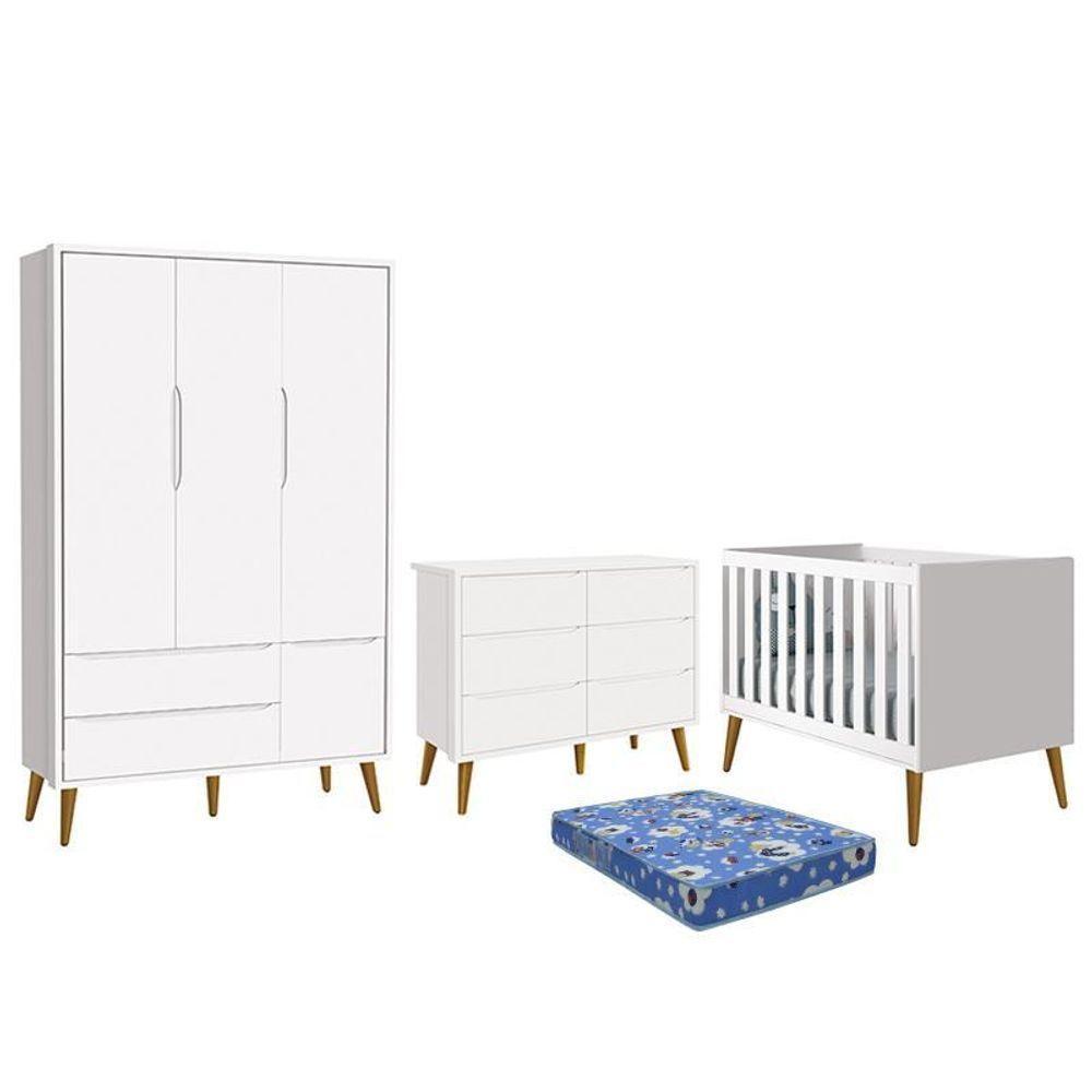 Dormitório Theo 3 Portas, Cômoda 6 Gavetas, Berço Branco Fosco Com Pés Amadeirado E Colchão - Reller Móveis Branco Fosco - 1