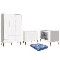 Dormitório Theo 3 Portas, Cômoda 6 Gavetas, Berço Branco Fosco Com Pés Amadeirado E Colchão - Reller Móveis Branco Fosco - 1