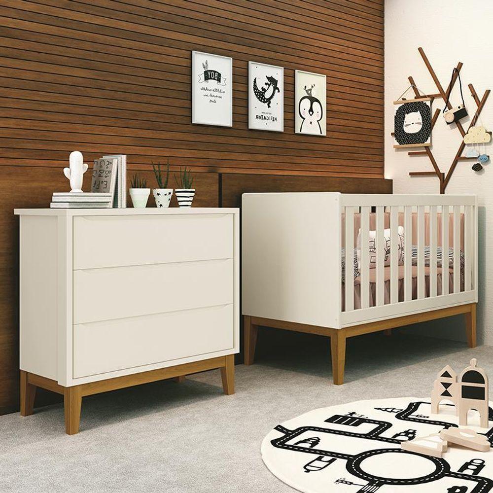 Jogo De Quarto Infantil Cômoda 3 Gavetas E Berço Classic Areia Fosco Com Pés Amadeirado - Reller Móveis Areia Fosco - 3