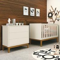 Jogo De Quarto Infantil Cômoda 3 Gavetas E Berço Classic Areia Fosco Com Pés Amadeirado - Reller Móveis Areia Fosco - 3