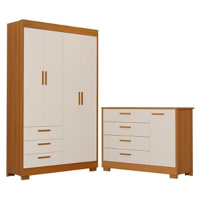 Jogo de Quarto Infantil Zaki Guarda Roupa 4 Portas e Cômoda 7 Gavetas MDF 125cm Bege Reller Móveis