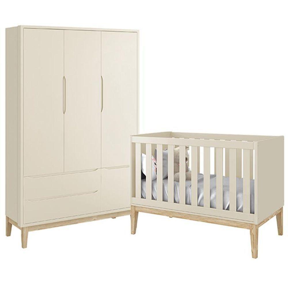 Jogo De Quarto Classic Guarda Roupa 3 Portas E Berço Areia Fosco Com Pés Madeira Natural - Reller Móveis Areia Fosco - 2