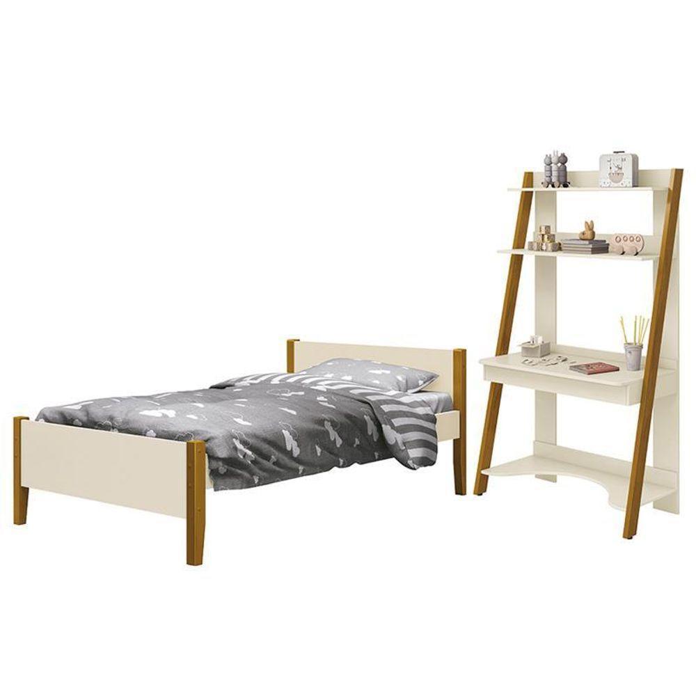 Jogo De Quarto Infantil Simba Estante Escrivaninha E Cama Areia Fosco Com Pés Amadeirado - Reller Móveis Areia Fosco - 1
