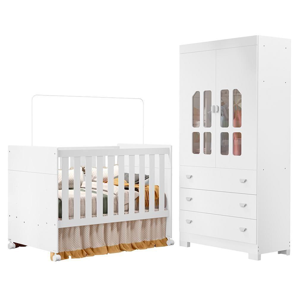 Jogo De Quarto Infantil New Katatau Guarda Roupa E Berço Mini Cama Branco Brilho - Reller Móveis Branco Brilho - 1