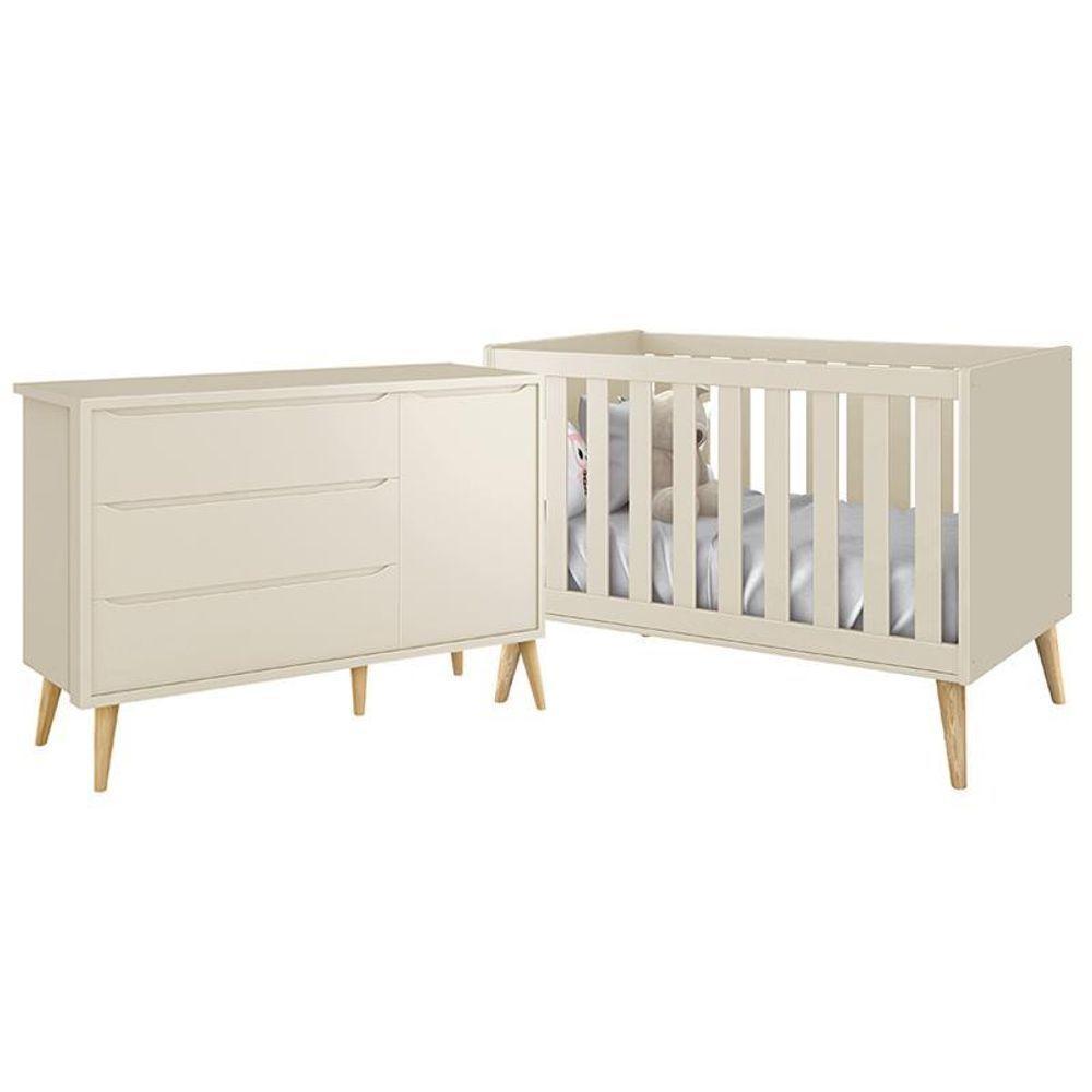 Jogo De Quarto Infantil Theo Cômoda E Berço Areia Fosco Com Pés Madeira Natural - Reller Móveis Areia Fosco - 2