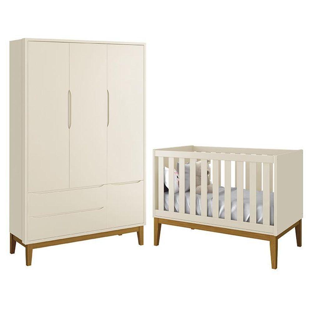 Jogo De Quarto Infantil Guarda Roupa 3 Portas E Berço Classic Areia Fosco Com Pés Amadeirado - Reller Móveis Areia Fosco - 1