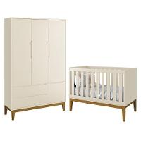 Jogo De Quarto Infantil Guarda Roupa 3 Portas E Berço Classic Areia Fosco Com Pés Amadeirado - Reller Móveis Areia Fosco - 1