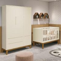 Jogo De Quarto Infantil Guarda Roupa 3 Portas E Berço Classic Areia Fosco Com Pés Amadeirado - Reller Móveis Areia Fosco - 2