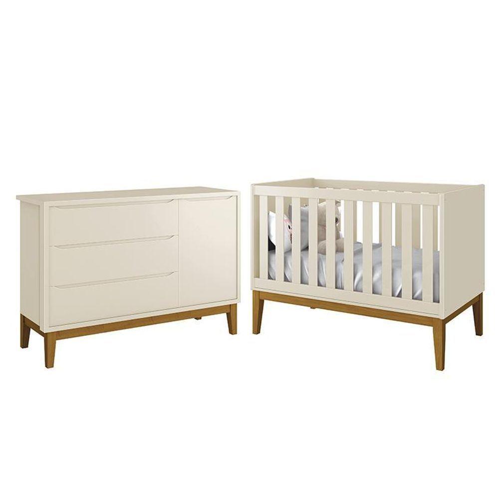 Jogo De Quarto Infantil Cômoda 1 Porta E Berço Classic Areia Fosco Com Pés Amadeirado - Reller Móveis Areia Fosco - 1