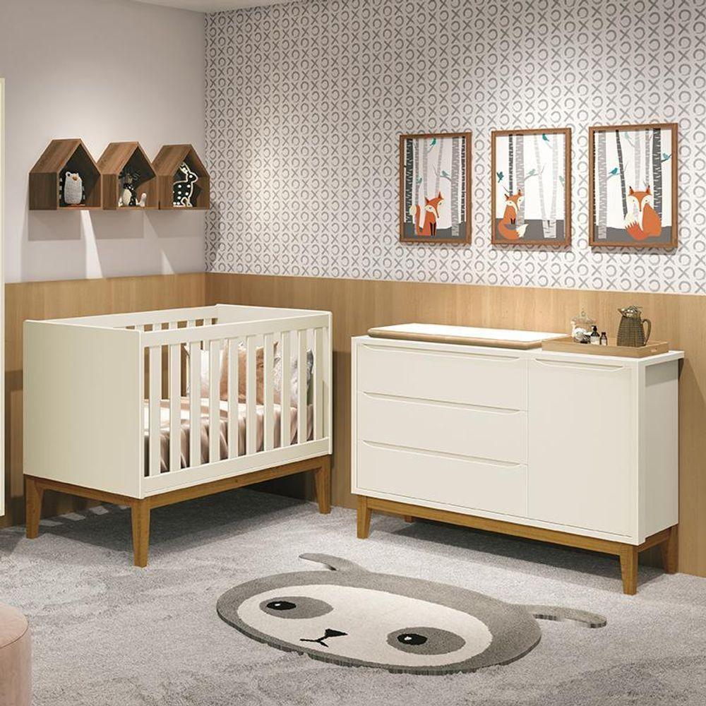 Jogo De Quarto Infantil Cômoda 1 Porta E Berço Classic Areia Fosco Com Pés Amadeirado - Reller Móveis Areia Fosco - 2