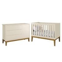 Jogo De Quarto Infantil Cômoda 1 Porta E Berço Classic Areia Fosco Com Pés Amadeirado - Reller Móveis Areia Fosco - 1