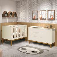 Jogo De Quarto Infantil Cômoda 1 Porta E Berço Classic Areia Fosco Com Pés Amadeirado - Reller Móveis Areia Fosco - 2