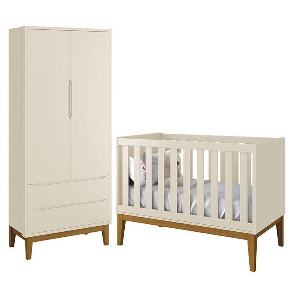 Jogo De Quarto Infantil Guarda Roupa 2 Portas E Berço Classic Areia Fosco Com Pés Amadeirado - Reller Móveis Areia Fosco - 1