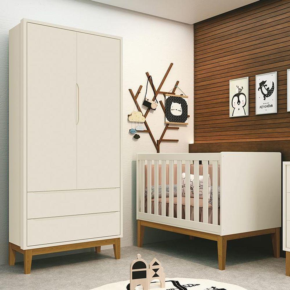 Jogo De Quarto Infantil Guarda Roupa 2 Portas E Berço Classic Areia Fosco Com Pés Amadeirado - Reller Móveis Areia Fosco - 2