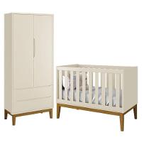 Jogo De Quarto Infantil Guarda Roupa 2 Portas E Berço Classic Areia Fosco Com Pés Amadeirado - Reller Móveis Areia Fosco - 1
