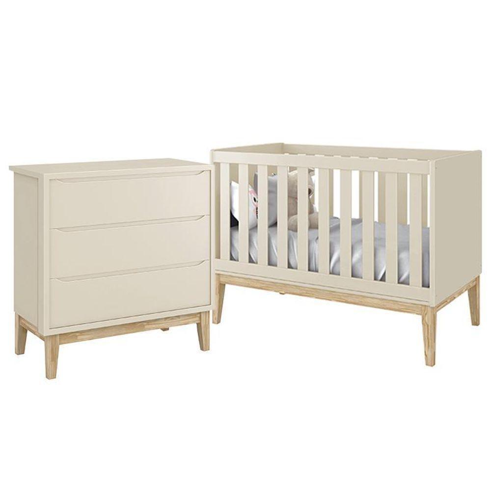 Jogo De Quarto Classic Cômoda 3 Gavetas E Berço Areia Fosco Com Pés Madeira Natural - Reller Móveis Areia Fosco - 2