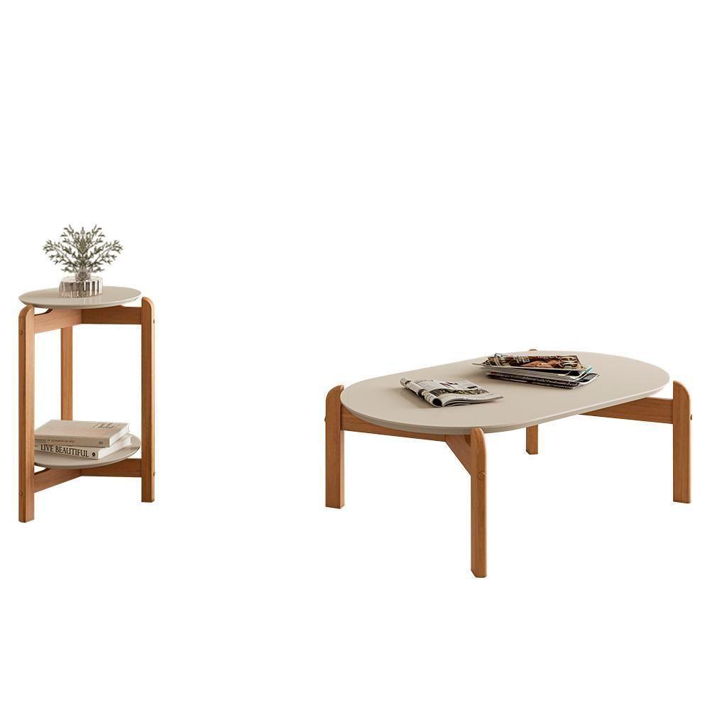 Conjunto De Mesas Lizz Lateral Redonda E Oblonga Off White-cedro - Casa D Off White-cedro - 1