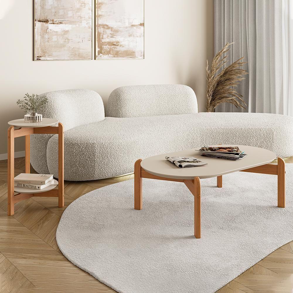 Conjunto De Mesas Lizz Lateral Redonda E Oblonga Off White-cedro - Casa D Off White-cedro - 2