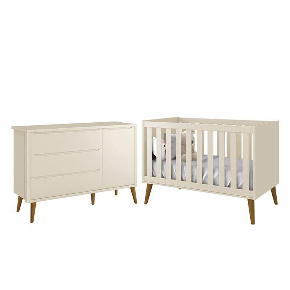 Jogo De Quarto Infantil Theo Retrô Cômoda 1 Porta E Berço Areia Fosco Com Pés Amadeirado - Reller Móveis Areia Fosco - 1
