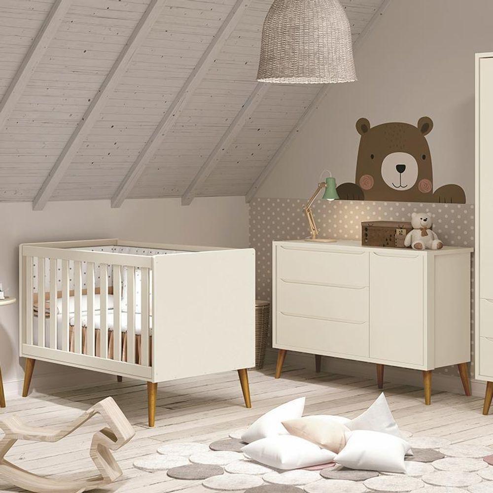Jogo De Quarto Infantil Theo Retrô Cômoda 1 Porta E Berço Areia Fosco Com Pés Amadeirado - Reller Móveis Areia Fosco - 2