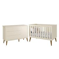 Jogo De Quarto Infantil Theo Retrô Cômoda 1 Porta E Berço Areia Fosco Com Pés Amadeirado - Reller Móveis Areia Fosco - 1