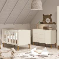 Jogo De Quarto Infantil Theo Retrô Cômoda 1 Porta E Berço Areia Fosco Com Pés Amadeirado - Reller Móveis Areia Fosco - 2