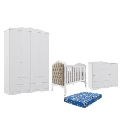 Dormitório Encanto Guarda Roupa, Cômoda E Berço Harmonia Branco Com Capitonê E Colchão Physical - Permóbili Baby Branco