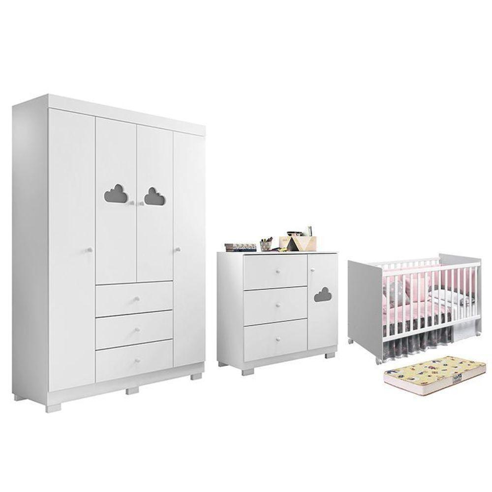 Dormitório Infantil Ane Guarda Roupa, Cômoda E Berço Mel Branco Com Colchão Supreme - Phoenix Baby Branco - 1