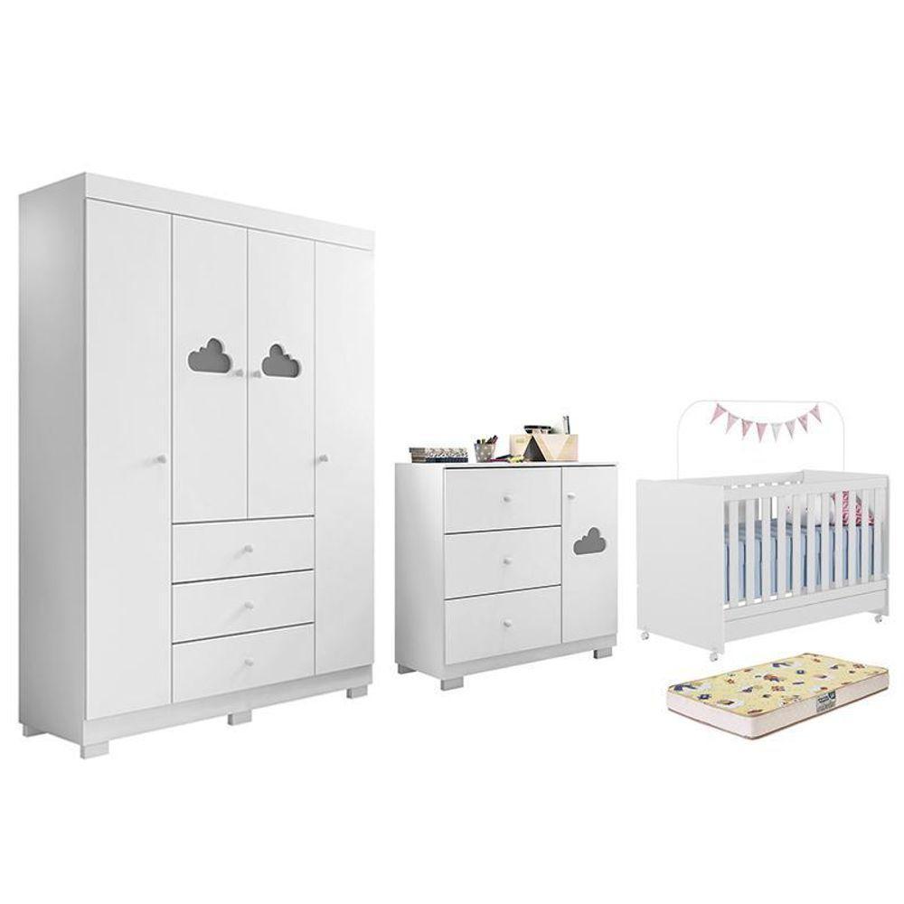 Dormitório Infantil Ane Guarda Roupa, Cômoda E Berço Encanto Branco Com Colchão Supreme - Phoenix Baby Branco - 1