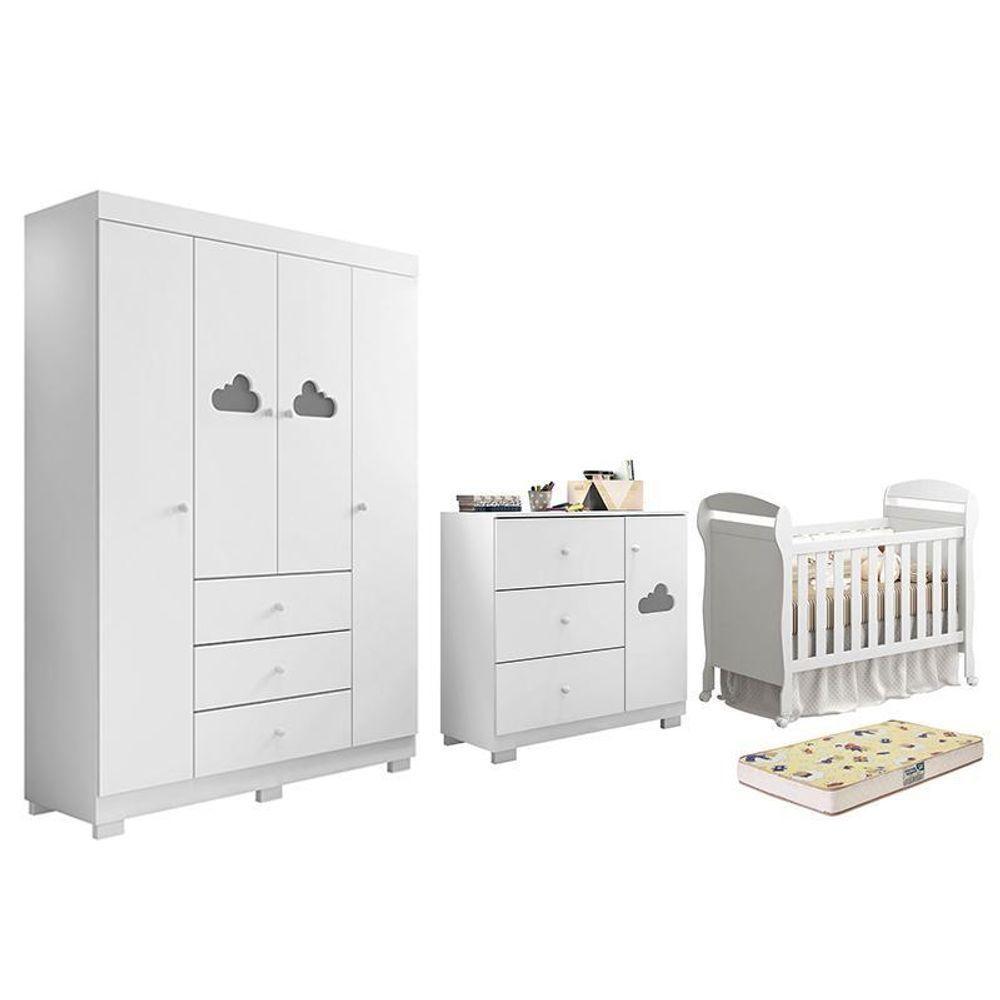 Dormitório Infantil Ane Guarda Roupa, Cômoda, Berço Danny Branco Com Colchão Supreme - Phoenix Baby Branco - 1