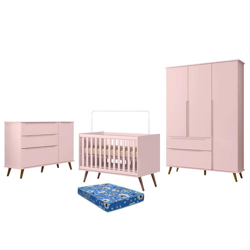 Dormitório Melinda Guarda Roupa, Cômoda E Berço Retrô Rosê Acetinado Com Colchão Physical - Phoenix Baby Rosê Acetinado - 1