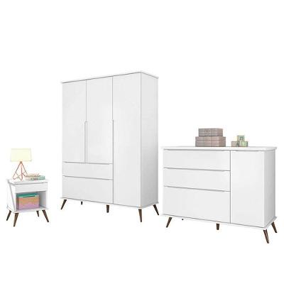 Jogo de Quarto Infantil Retrô Melinda em MDF Branco com Guarda-Roupa Cômoda e Mesinha Phoenix Baby