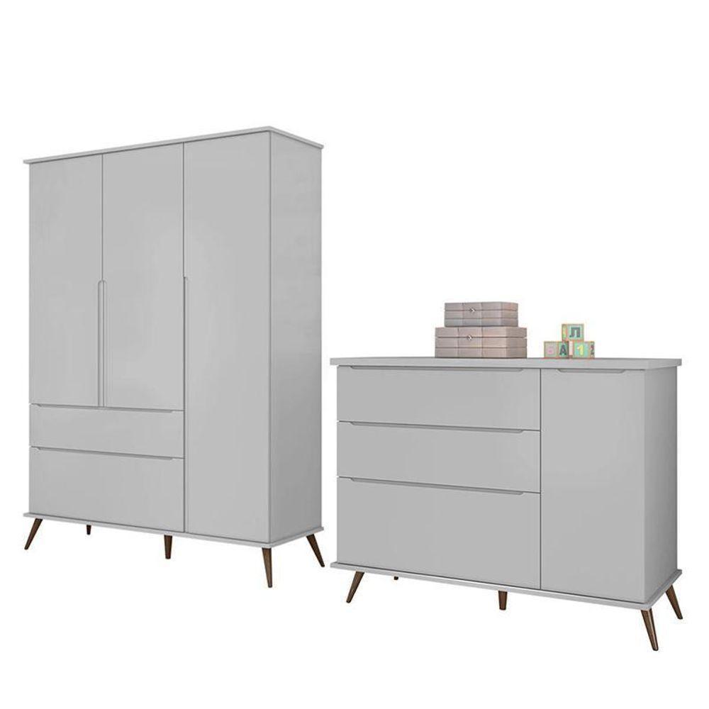 Jogo De Quarto Infantil Retrô Alice Guarda Roupa E Cômoda Com Porta Cinza - Pr Baby Cinza - 1