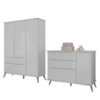 Jogo De Quarto Infantil Retrô Alice Guarda Roupa E Cômoda Com Porta Cinza - Pr Baby Cinza - 1