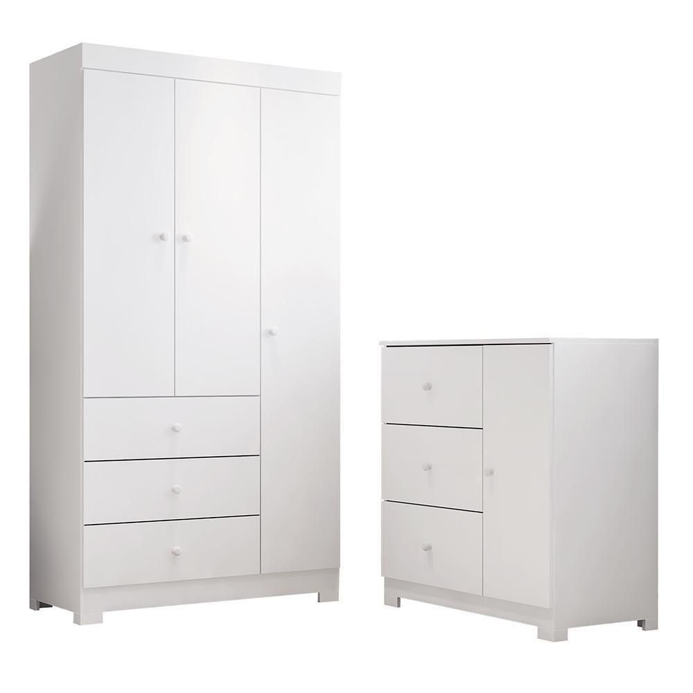Jogo De Quarto Infantil Duda Com Guarda Roupa 3 Portas E Cômoda Branco - Phoenix Baby Branco - 1