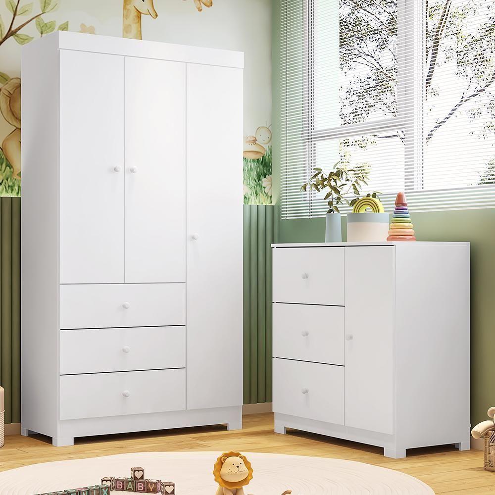 Jogo De Quarto Infantil Duda Com Guarda Roupa 3 Portas E Cômoda Branco - Phoenix Baby Branco - 2