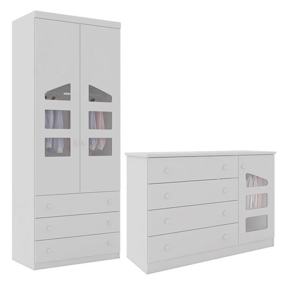 Jogo De Quarto Infantil Eloisa Com Guarda Roupa 2 Portas E Cômoda Branco - Phoenix Baby Branco - 1