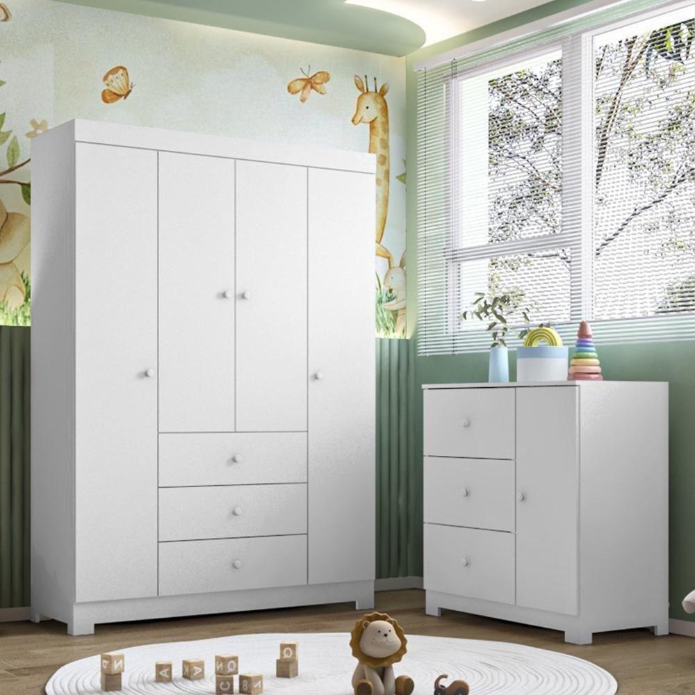 Jogo De Quarto Infantil Duda Com Guarda Roupa 4 Portas E Cômoda Branco - Phoenix Baby Branco - 2